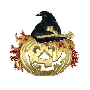 Festive Pumpkin Brooch with Witch Hat